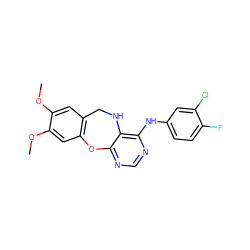 COc1cc2c(cc1OC)Oc1ncnc(Nc3ccc(F)c(Cl)c3)c1NC2 ZINC000028571942