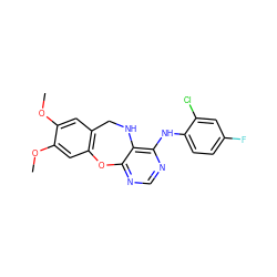 COc1cc2c(cc1OC)Oc1ncnc(Nc3ccc(F)cc3Cl)c1NC2 ZINC000038149525