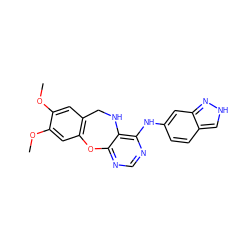 COc1cc2c(cc1OC)Oc1ncnc(Nc3ccc4c[nH]nc4c3)c1NC2 ZINC000038149524