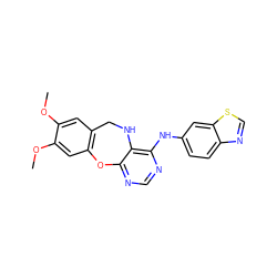 COc1cc2c(cc1OC)Oc1ncnc(Nc3ccc4ncsc4c3)c1NC2 ZINC000038149521