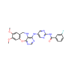 COc1cc2c(cc1OC)Oc1ncnc(Nc3cnc(NC(=O)c4cccc(F)c4)nc3)c1NC2 ZINC000028564602