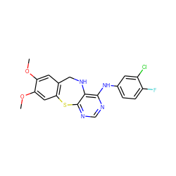 COc1cc2c(cc1OC)Sc1ncnc(Nc3ccc(F)c(Cl)c3)c1NC2 ZINC000038149515