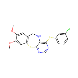 COc1cc2c(cc1OC)Sc1ncnc(Sc3cccc(Cl)c3)c1NC2 ZINC000038149513