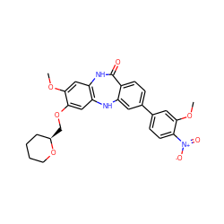 COc1cc2c(cc1OC[C@@H]1CCCCO1)Nc1cc(-c3ccc([N+](=O)[O-])c(OC)c3)ccc1C(=O)N2 ZINC000029125994