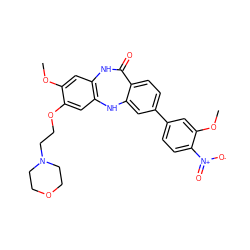 COc1cc2c(cc1OCCN1CCOCC1)Nc1cc(-c3ccc([N+](=O)[O-])c(OC)c3)ccc1C(=O)N2 ZINC000029125993