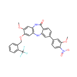 COc1cc2c(cc1OCc1ccccc1C(F)(F)F)Nc1cc(-c3ccc([N+](=O)[O-])c(OC)c3)ccc1C(=O)N2 ZINC000029126048