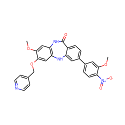 COc1cc2c(cc1OCc1ccncc1)Nc1cc(-c3ccc([N+](=O)[O-])c(OC)c3)ccc1C(=O)N2 ZINC000029126044