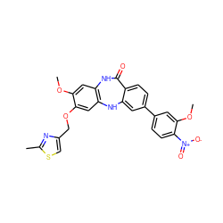 COc1cc2c(cc1OCc1csc(C)n1)Nc1cc(-c3ccc([N+](=O)[O-])c(OC)c3)ccc1C(=O)N2 ZINC000029126046