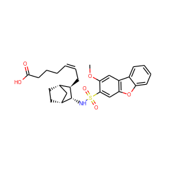 COc1cc2c(cc1S(=O)(=O)N[C@@H]1[C@@H]3CC[C@@H](C3)[C@H]1C/C=C\CCCC(=O)O)oc1ccccc12 ZINC000003951163