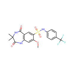 COc1cc2c(cc1S(=O)(=O)Nc1ccc(C(F)(F)F)cc1)C(=O)NC(C)(C)C(=O)N2 ZINC000103298228