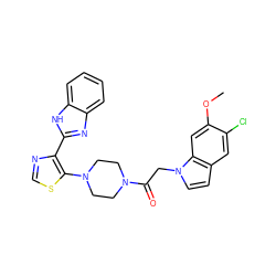 COc1cc2c(ccn2CC(=O)N2CCN(c3scnc3-c3nc4ccccc4[nH]3)CC2)cc1Cl ZINC000143720864