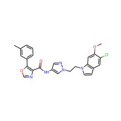 COc1cc2c(ccn2CCn2cc(NC(=O)c3ncoc3-c3cccc(C)c3)cn2)cc1Cl ZINC000201584942