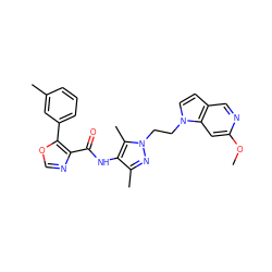 COc1cc2c(ccn2CCn2nc(C)c(NC(=O)c3ncoc3-c3cccc(C)c3)c2C)cn1 ZINC000201564867