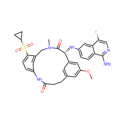 COc1cc2cc(c1)[C@@H](Nc1ccc3c(N)ncc(F)c3c1)C(=O)N(C)Cc1cc(ccc1S(=O)(=O)C1CC1)NC(=O)CC2 ZINC000221866180