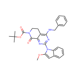 COc1cc2ccccc2n1-c1nc(NCc2ccccc2)c2c(n1)C(=O)N(C(=O)OC(C)(C)C)CC2 ZINC000208076201