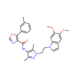 COc1cc2ccn(CCn3nc(C)c(NC(=O)c4ncoc4-c4cccc(C)c4)c3C)c2cc1OC ZINC000201552056