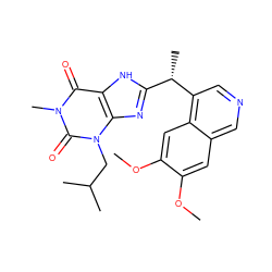 COc1cc2cncc([C@@H](C)c3nc4c([nH]3)c(=O)n(C)c(=O)n4CC(C)C)c2cc1OC ZINC000028881933