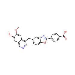 COc1cc2cncc(Cc3ccc4oc(-c5ccc(C(=O)O)cc5)nc4c3)c2cc1OC ZINC000145102432