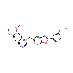 COc1cc2cncc(Cc3ccc4oc(-c5cccc(CO)c5)nc4c3)c2cc1OC ZINC000145120700