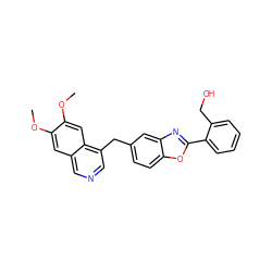 COc1cc2cncc(Cc3ccc4oc(-c5ccccc5CO)nc4c3)c2cc1OC ZINC000145117583