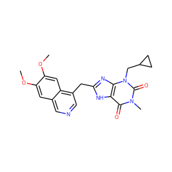 COc1cc2cncc(Cc3nc4c([nH]3)c(=O)n(C)c(=O)n4CC3CC3)c2cc1OC ZINC000028881982