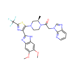 COc1cc2nc(-c3nc(C(F)(F)F)sc3N3CCN(C(=O)Cn4cnc5cccnc54)[C@H](C)C3)[nH]c2cc1OC ZINC000143686014