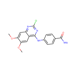 COc1cc2nc(Cl)nc(Nc3ccc(C(N)=O)cc3)c2cc1OC ZINC000011756275