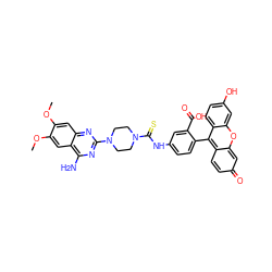 COc1cc2nc(N3CCN(C(=S)Nc4ccc(-c5c6ccc(=O)cc-6oc6cc(O)ccc56)c(C(=O)O)c4)CC3)nc(N)c2cc1OC ZINC000199430243