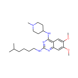 COc1cc2nc(NCCCCC(C)C)nc(NC3CCN(C)CC3)c2cc1OC ZINC001772597516