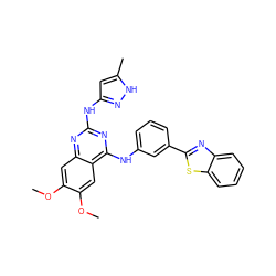 COc1cc2nc(Nc3cc(C)[nH]n3)nc(Nc3cccc(-c4nc5ccccc5s4)c3)c2cc1OC ZINC000042890766