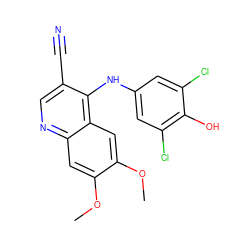 COc1cc2ncc(C#N)c(Nc3cc(Cl)c(O)c(Cl)c3)c2cc1OC ZINC000013812956