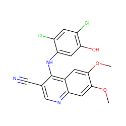 COc1cc2ncc(C#N)c(Nc3cc(O)c(Cl)cc3Cl)c2cc1OC ZINC000013470100