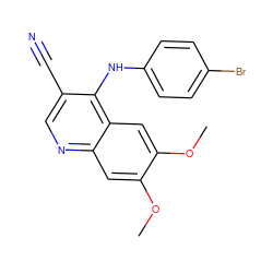 COc1cc2ncc(C#N)c(Nc3ccc(Br)cc3)c2cc1OC ZINC000013812971