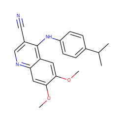 COc1cc2ncc(C#N)c(Nc3ccc(C(C)C)cc3)c2cc1OC ZINC000003815313