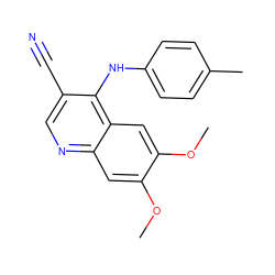 COc1cc2ncc(C#N)c(Nc3ccc(C)cc3)c2cc1OC ZINC000013812944