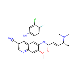 COc1cc2ncc(C#N)c(Nc3ccc(F)c(Cl)c3)c2cc1NC(=O)/C=C/[C@@H](C)N(C)C ZINC000013492814