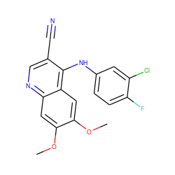 COc1cc2ncc(C#N)c(Nc3ccc(F)c(Cl)c3)c2cc1OC ZINC000003815358