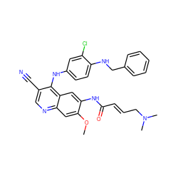 COc1cc2ncc(C#N)c(Nc3ccc(NCc4ccccc4)c(Cl)c3)c2cc1NC(=O)/C=C/CN(C)C ZINC000028119799