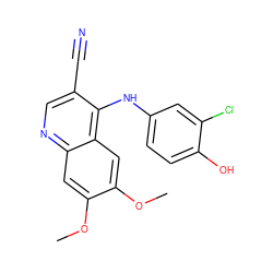 COc1cc2ncc(C#N)c(Nc3ccc(O)c(Cl)c3)c2cc1OC ZINC000013812953