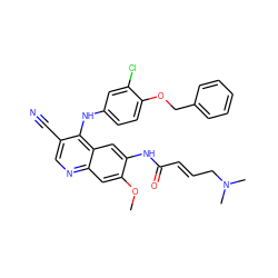 COc1cc2ncc(C#N)c(Nc3ccc(OCc4ccccc4)c(Cl)c3)c2cc1NC(=O)/C=C/CN(C)C ZINC000028120333