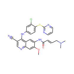 COc1cc2ncc(C#N)c(Nc3ccc(Sc4ncccn4)c(Cl)c3)c2cc1NC(=O)/C=C/CN(C)C ZINC000028113743