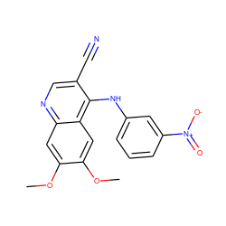 COc1cc2ncc(C#N)c(Nc3cccc([N+](=O)[O-])c3)c2cc1OC ZINC000003815404