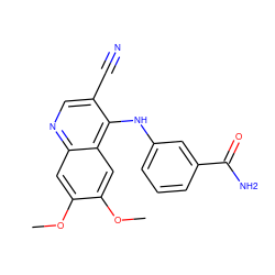 COc1cc2ncc(C#N)c(Nc3cccc(C(N)=O)c3)c2cc1OC ZINC000013812947