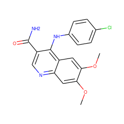 COc1cc2ncc(C(N)=O)c(Nc3ccc(Cl)cc3)c2cc1OC ZINC000040936571