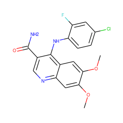 COc1cc2ncc(C(N)=O)c(Nc3ccc(Cl)cc3F)c2cc1OC ZINC000040414067