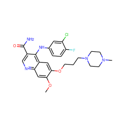 COc1cc2ncc(C(N)=O)c(Nc3ccc(F)c(Cl)c3)c2cc1OCCCN1CCN(C)CC1 ZINC000040934575