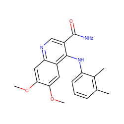 COc1cc2ncc(C(N)=O)c(Nc3cccc(C)c3C)c2cc1OC ZINC000040934894