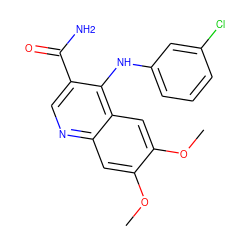 COc1cc2ncc(C(N)=O)c(Nc3cccc(Cl)c3)c2cc1OC ZINC000001489363