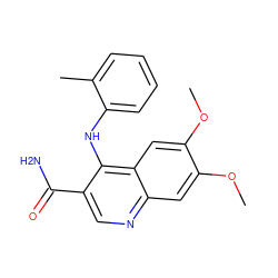 COc1cc2ncc(C(N)=O)c(Nc3ccccc3C)c2cc1OC ZINC000040420754