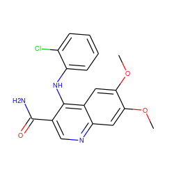 COc1cc2ncc(C(N)=O)c(Nc3ccccc3Cl)c2cc1OC ZINC000040845059